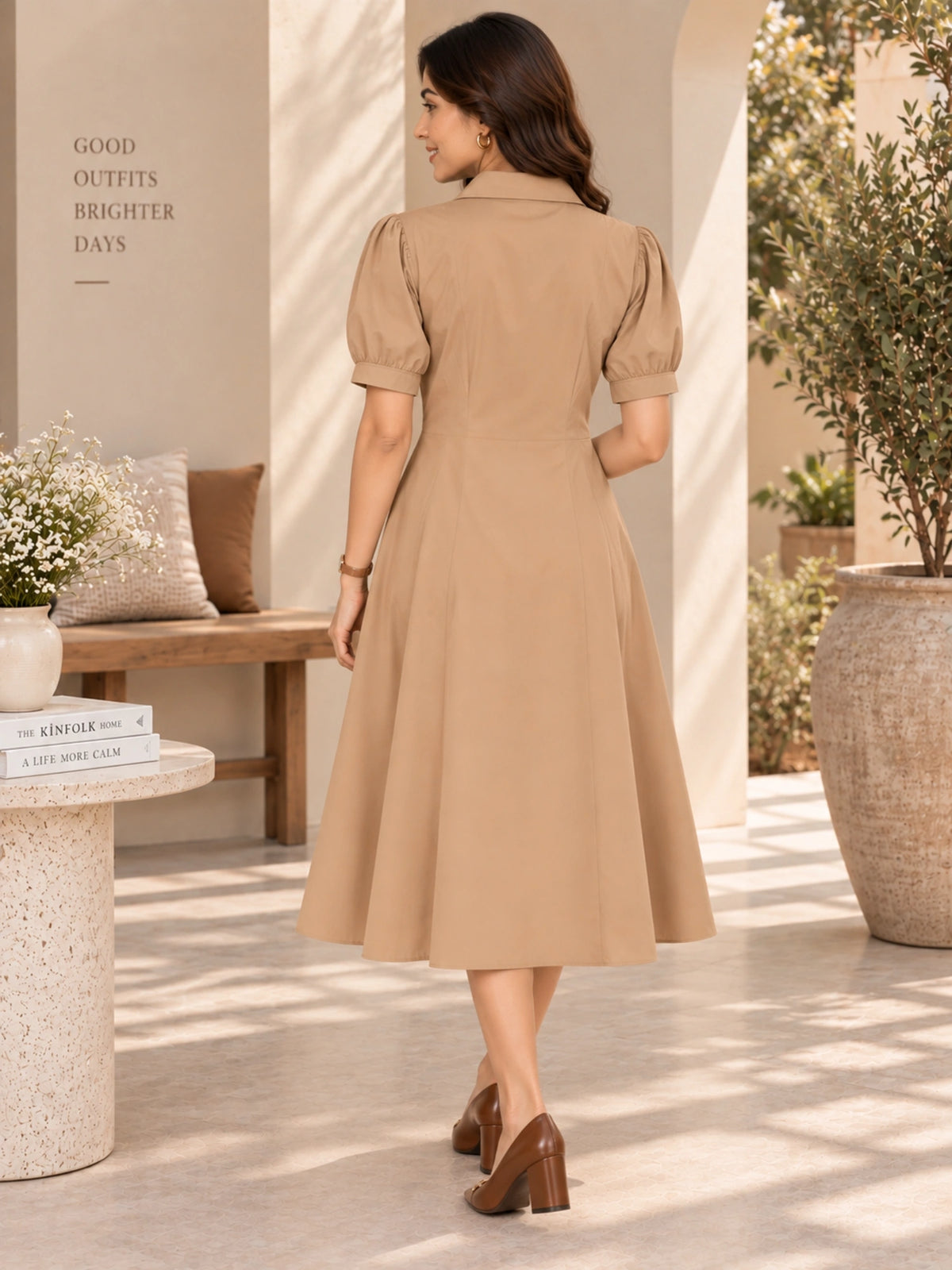 WineRed Women's Beige Self Design Shirt Collar Puff Sleeve Fit & Flare Midi Dress