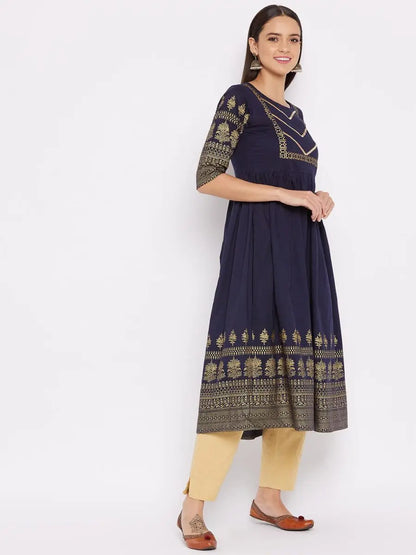 winered-dark-blue-flared-cotton-floral-print-kurta