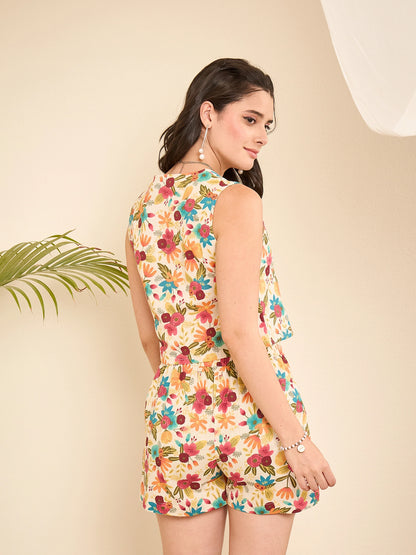 women-floral-print-waistcoat-with-shorts-co-ord-set
