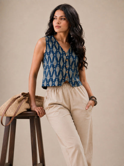 Women's Blue Ikat Printed Sleeveless V-Neck Button Front Waistcoat Style Top | Regular Fit | Casual, Office & Everyday Wear