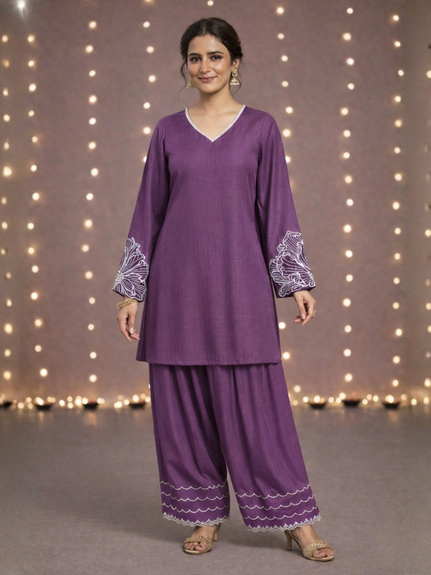 Women's Purple Embroidered Kurti & Farshi Salwar set