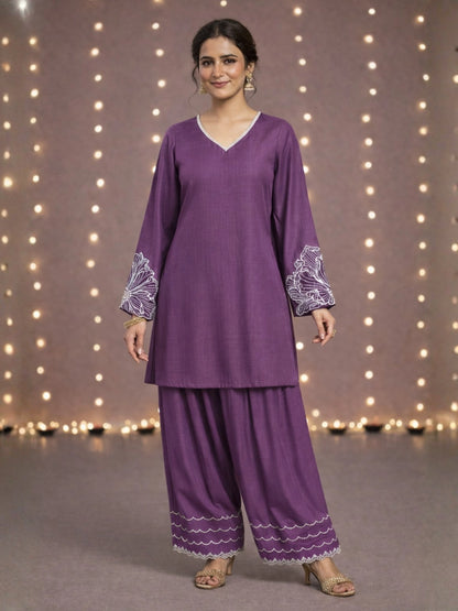 Women's Purple Embroidered Kurti & Farshi Salwar set