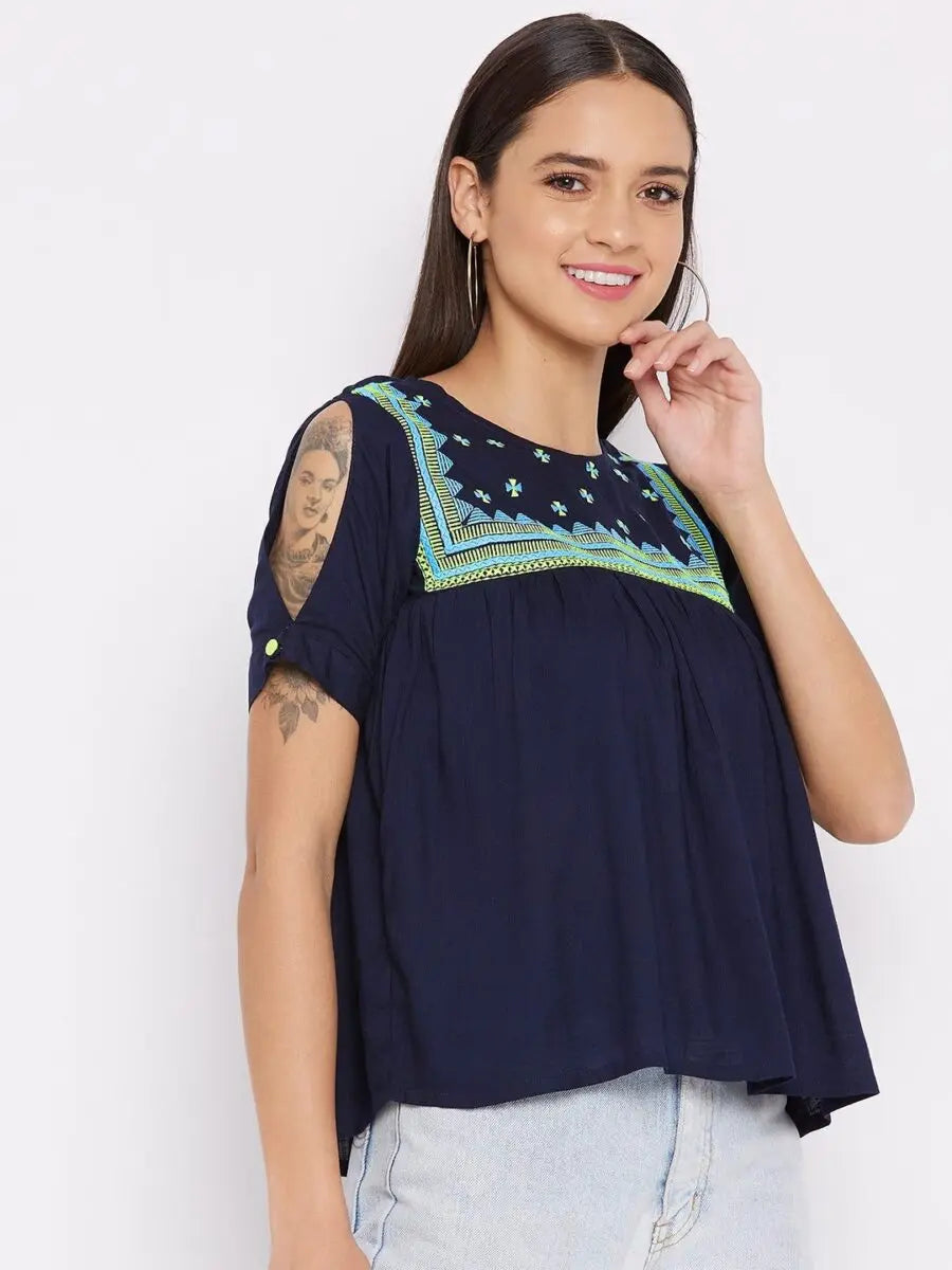 winered-navy-blue-a-line-rayon-chevron-zig-zag-top