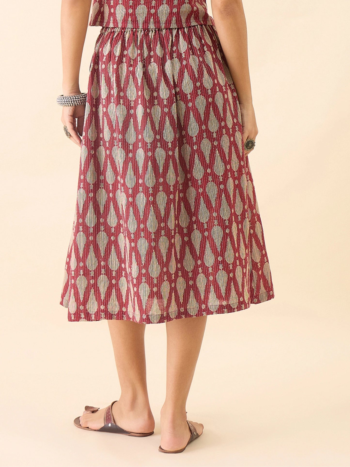 Women's Maroon Ikat Printed Flared Midi Skirt with Elasticated Waistband