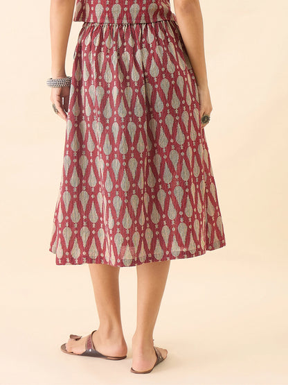 Women's Maroon Ikat Printed Flared Midi Skirt with Elasticated Waistband