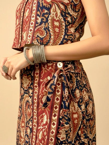 Women's Ethnic Printed Sleeveless Crop Shirt & Tie-Up Wrap Skirt Set