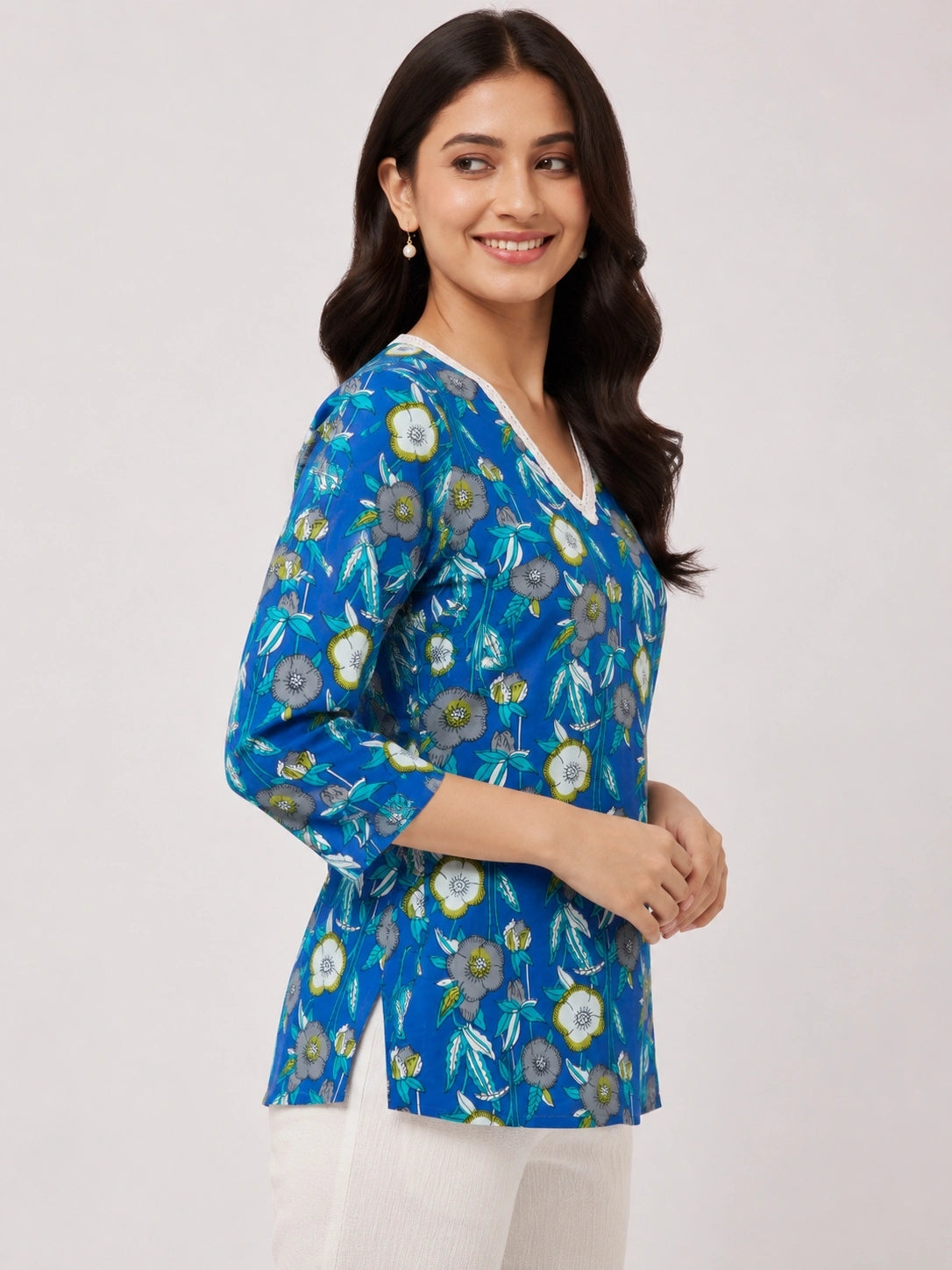 Women's Blue Floral Print Corset Style Short Kurti with V-Neck, Three-Quarter Flared Sleeves and Adjustable Back Tie-Up for Casual Wear