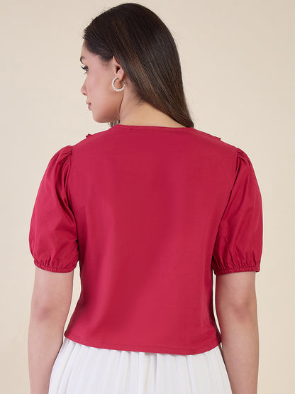 Women Pink Ruffle Collar Puff Sleeve Top