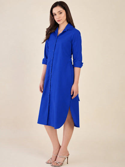 Women's Royal Blue Shirt Dress | Shirt Collared Neck | Button Down Midi Dress with Waist Belt