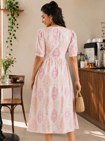 Women Cotton Ikat Printed Knotted Midi Dress