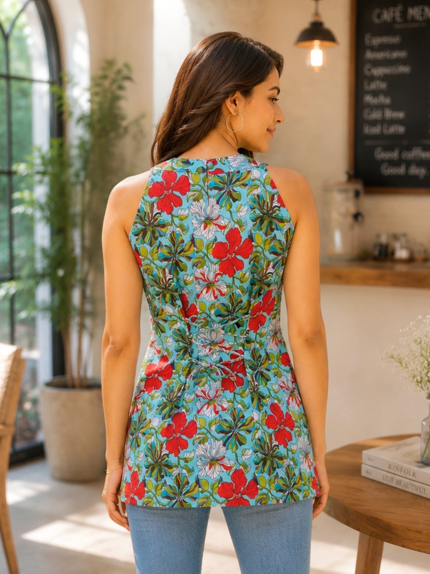 Women's Sky Blue Floral Printed Sleeveless Short Kurti