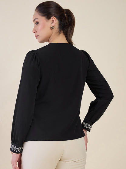 Women Black Embroidered Cuff Shirt