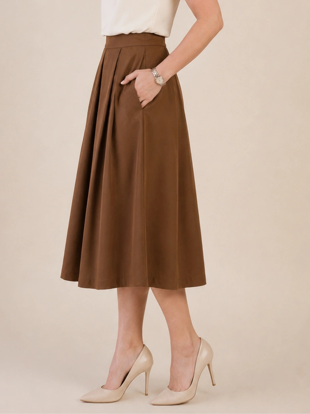 Women Brown Solid Pleated Flared Midi Skirt