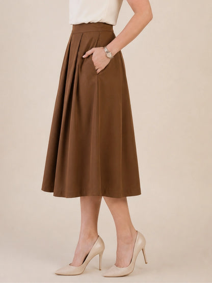 Women Brown Solid Pleated Flared Midi Skirt