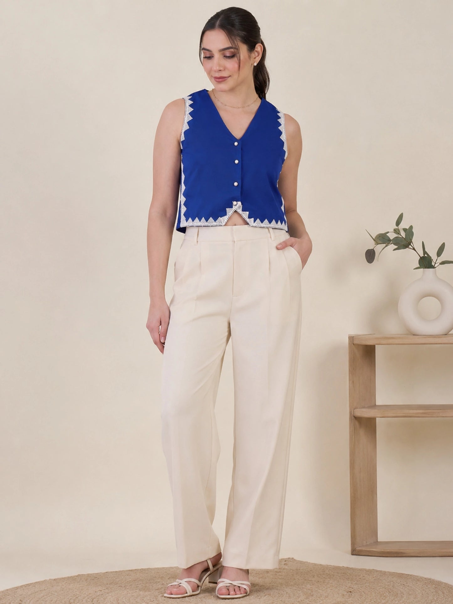 Women Solid Sleeveless V-Neck Lace Detail Waistcoat