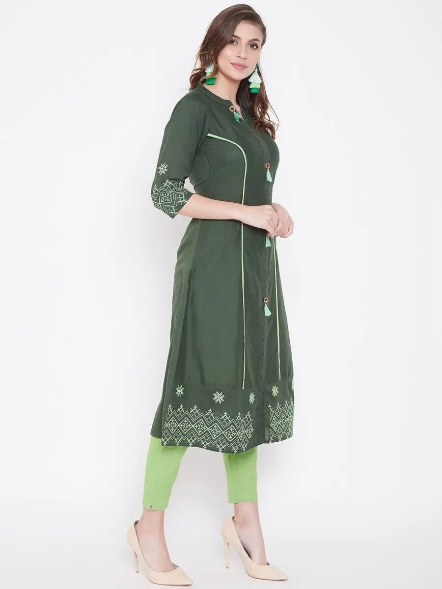 winered-dark-green-a-line-cotton-embroidered-kurta