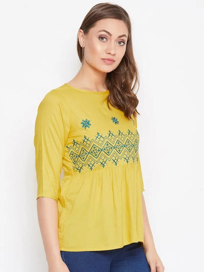 winered-yellow-embroidered-rayon-empire-waist-top