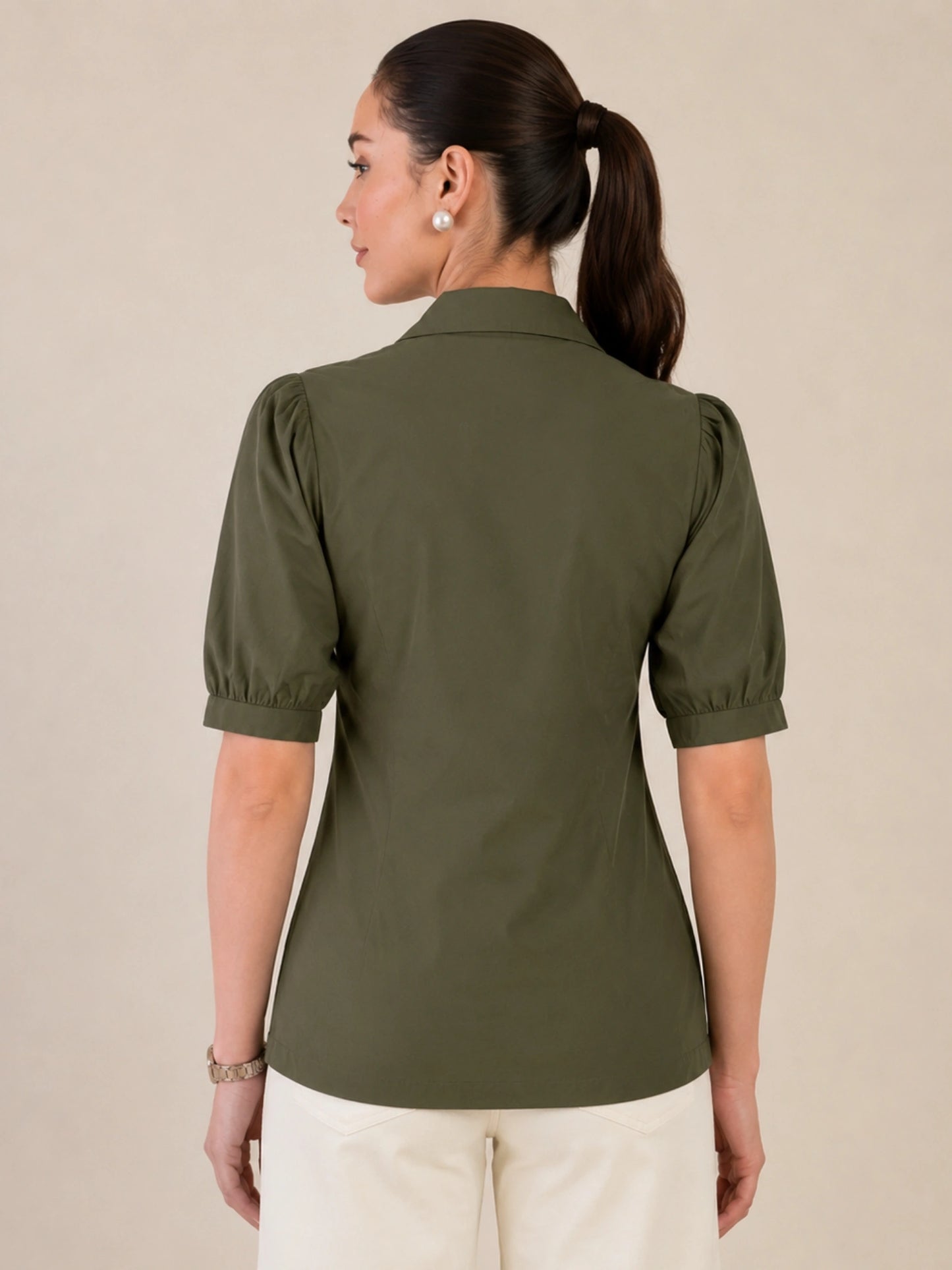 Women's Olive Solid Shirt Collar Puff Sleeve Button Front Regular Fit Casual Office Wear Top for Women