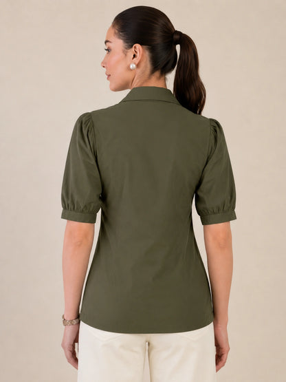 Women's Olive Solid Shirt Collar Puff Sleeve Button Front Regular Fit Casual Office Wear Top for Women
