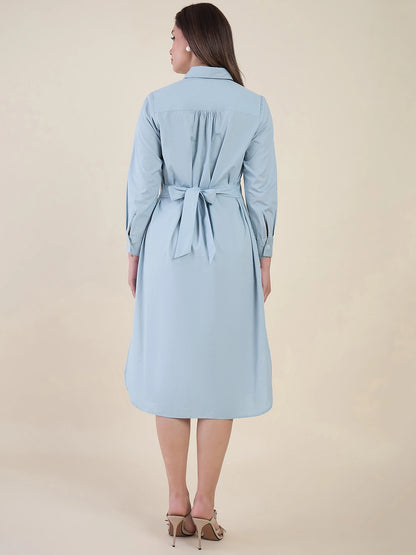 Women Blue Embroidered Button-Down Midi Shirt Dress