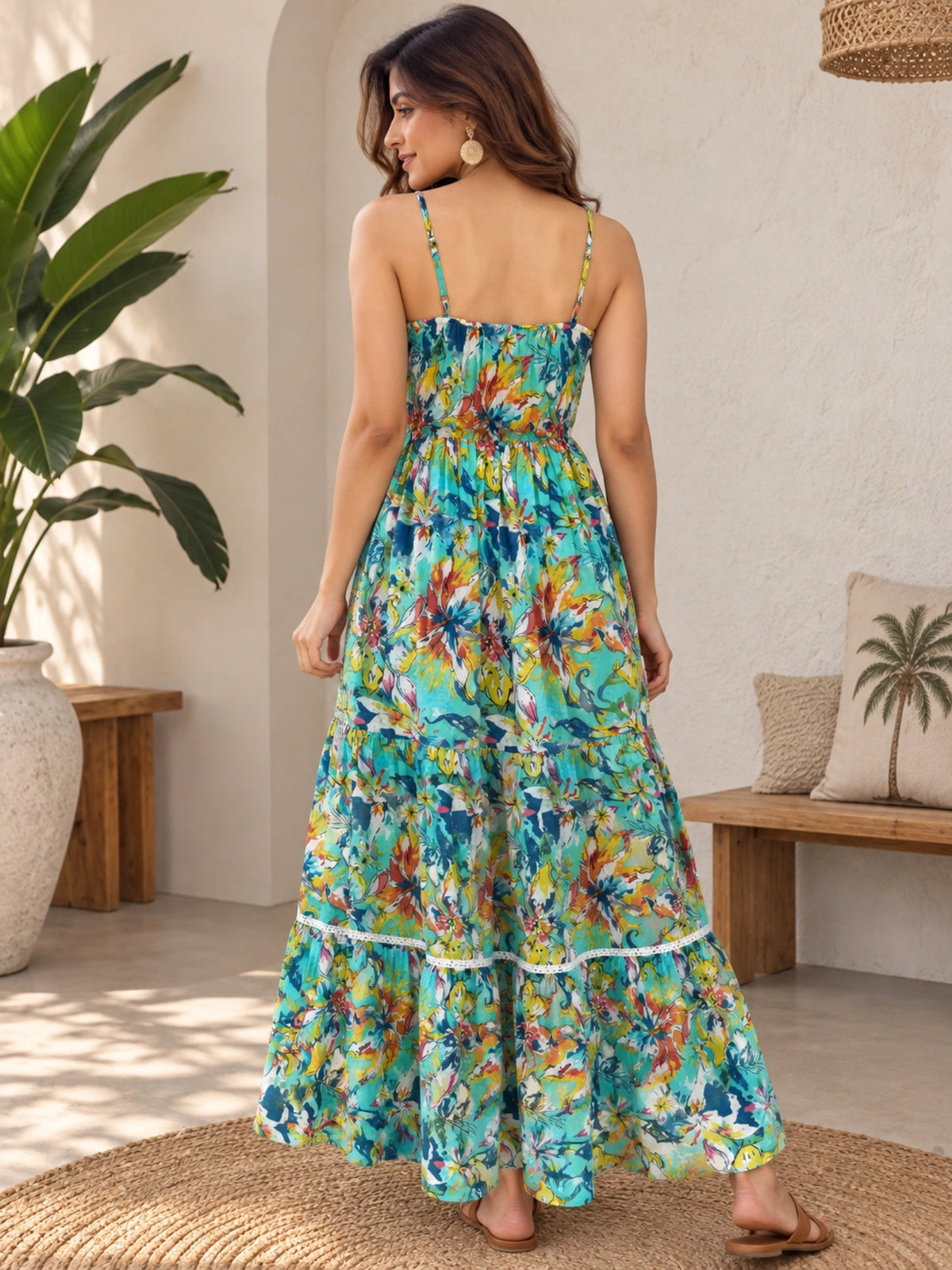 WineRed Women's Floral Printed Shoulder Strap Fit & Flare Maxi Dress | Casual Summer Vacation Wear