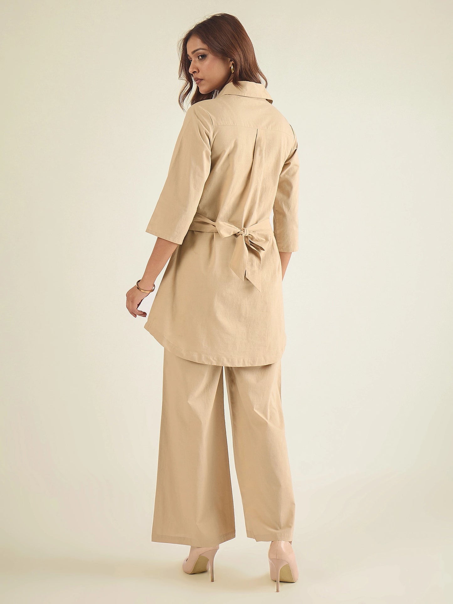 Women Beige Cotton Embroidered Shirt with Pant Co-ord Set