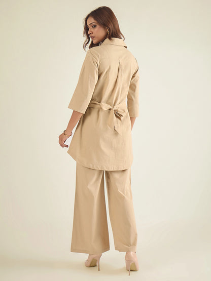 Women Beige Cotton Embroidered Shirt with Pant Co-ord Set