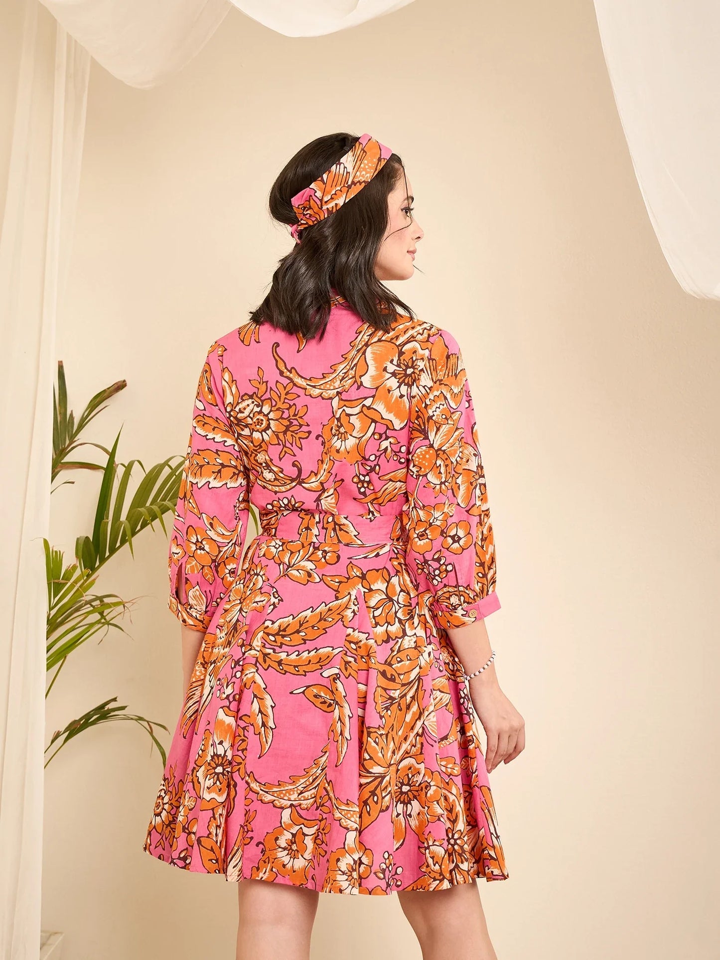 winered-pink-floral-print-godet-flared-dress