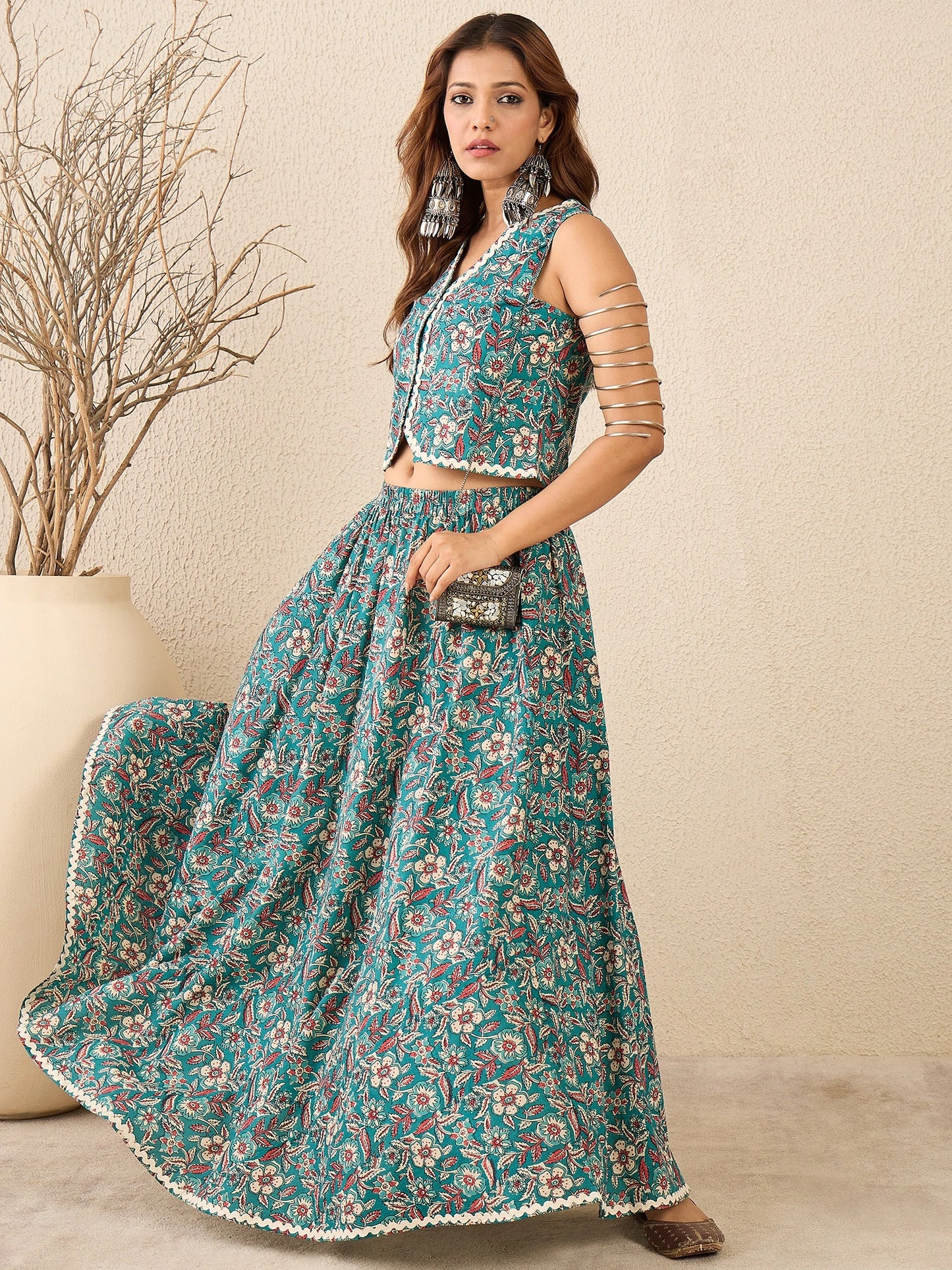 Women Teal Ethnic Printed Cotton Maxi Skirt