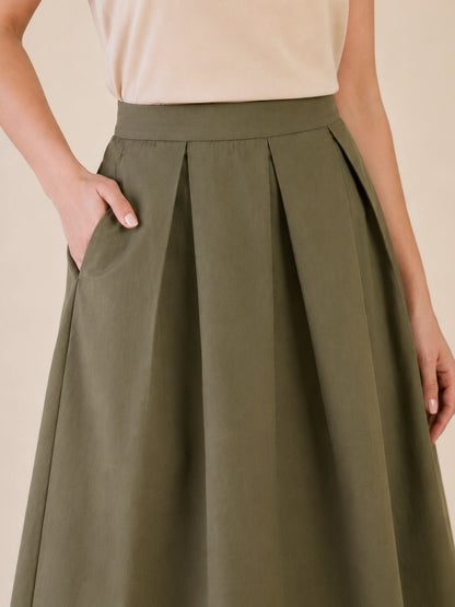 Women Olive Solid Pleated Flared Midi Skirt