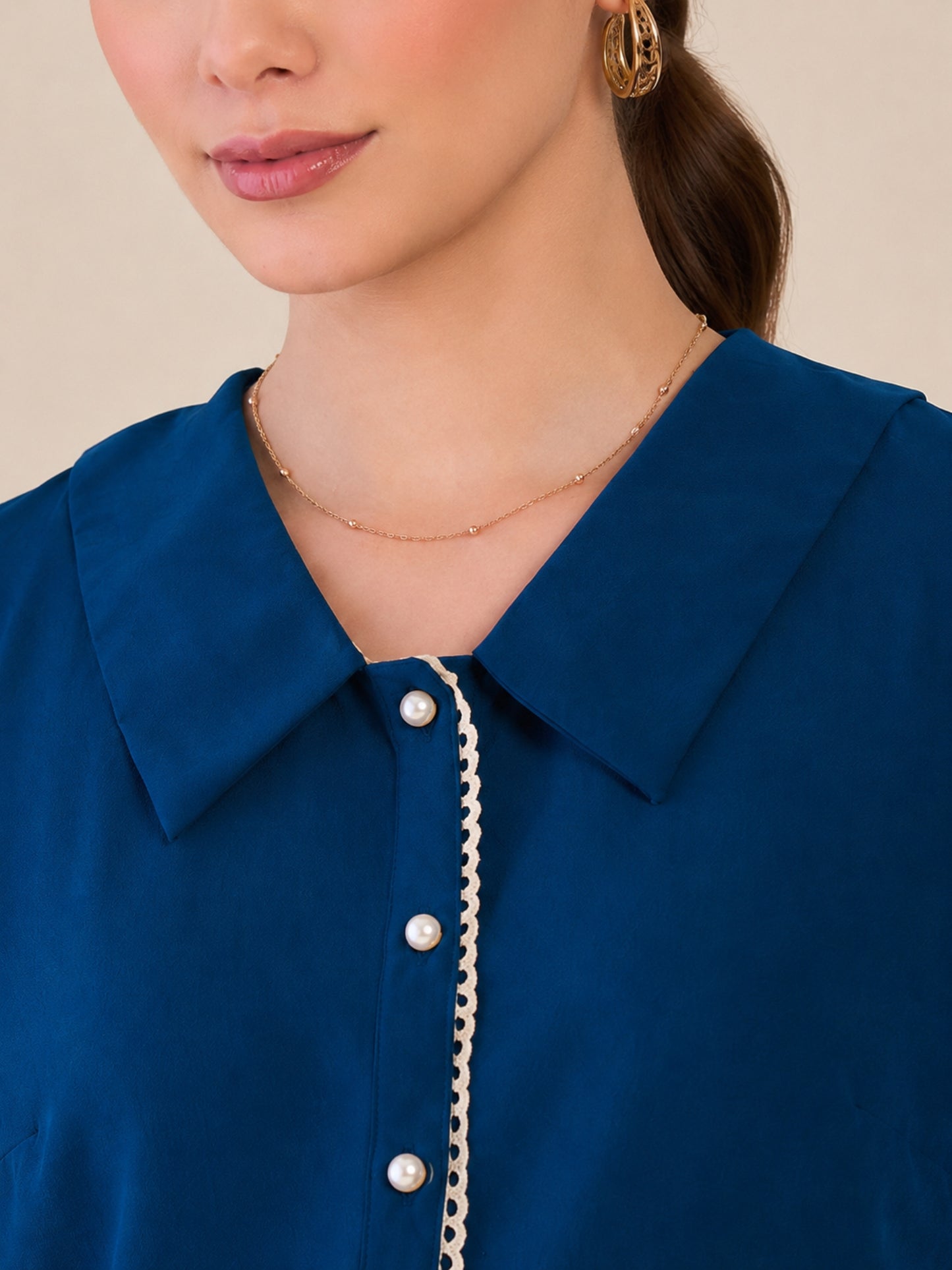 Women Blue Embroidered Cuff Shirt
