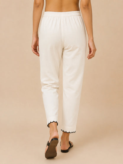 Women Off-White Scalloped Hem Straight Pants