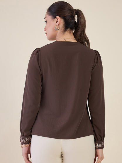 Women Brown Embroidered Cuff Shirt