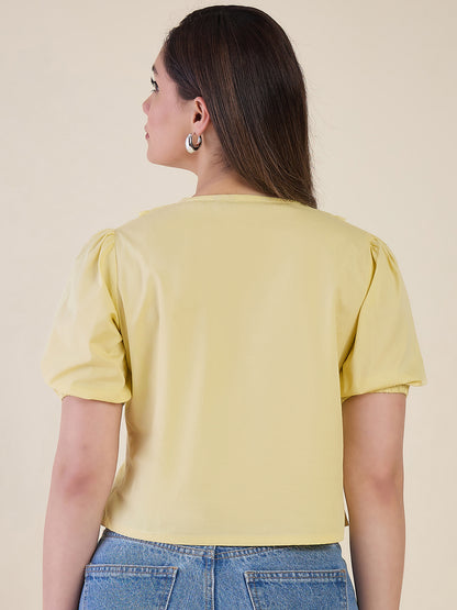Women Yellow Ruffle Collar Puff Sleeve Top