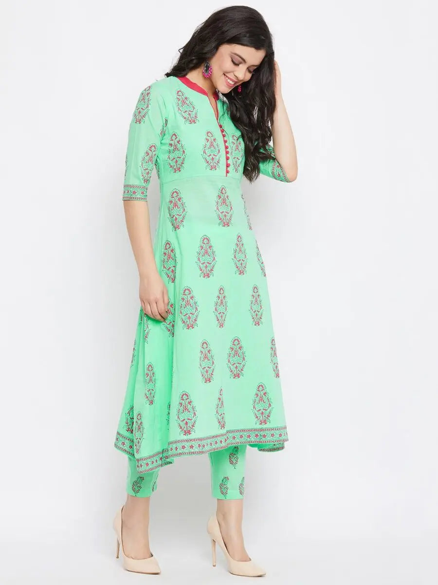 winered-green-a-line-cotton-printed-kurta-and-pant-set