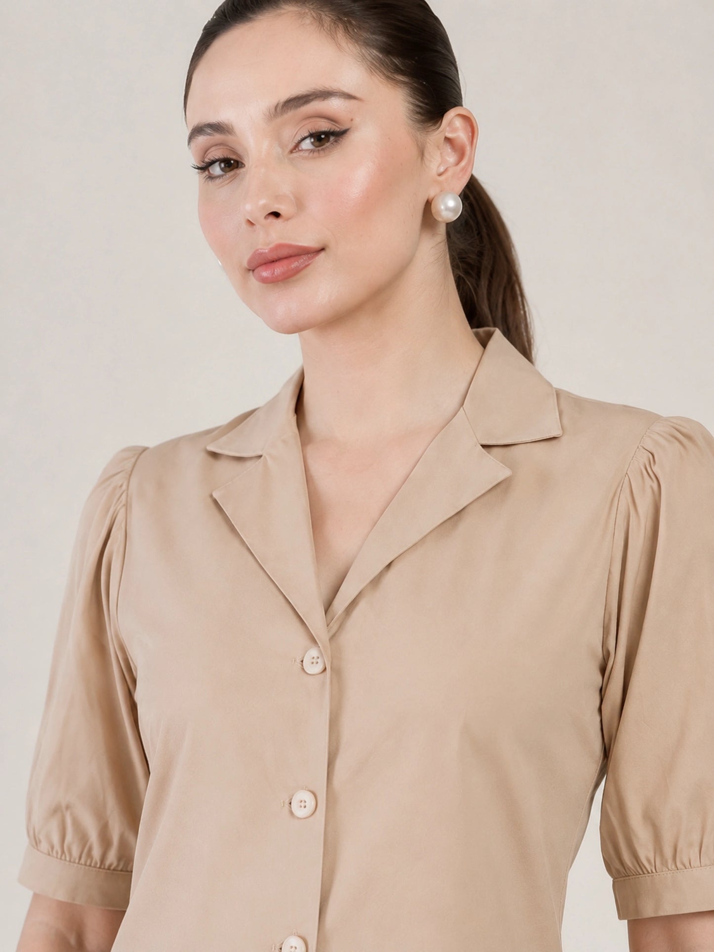Women Beige Puff Sleeves Co-ord Set