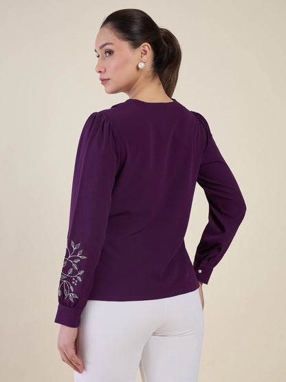 Women Purple Embroidered Peter Pan Collar Shirt