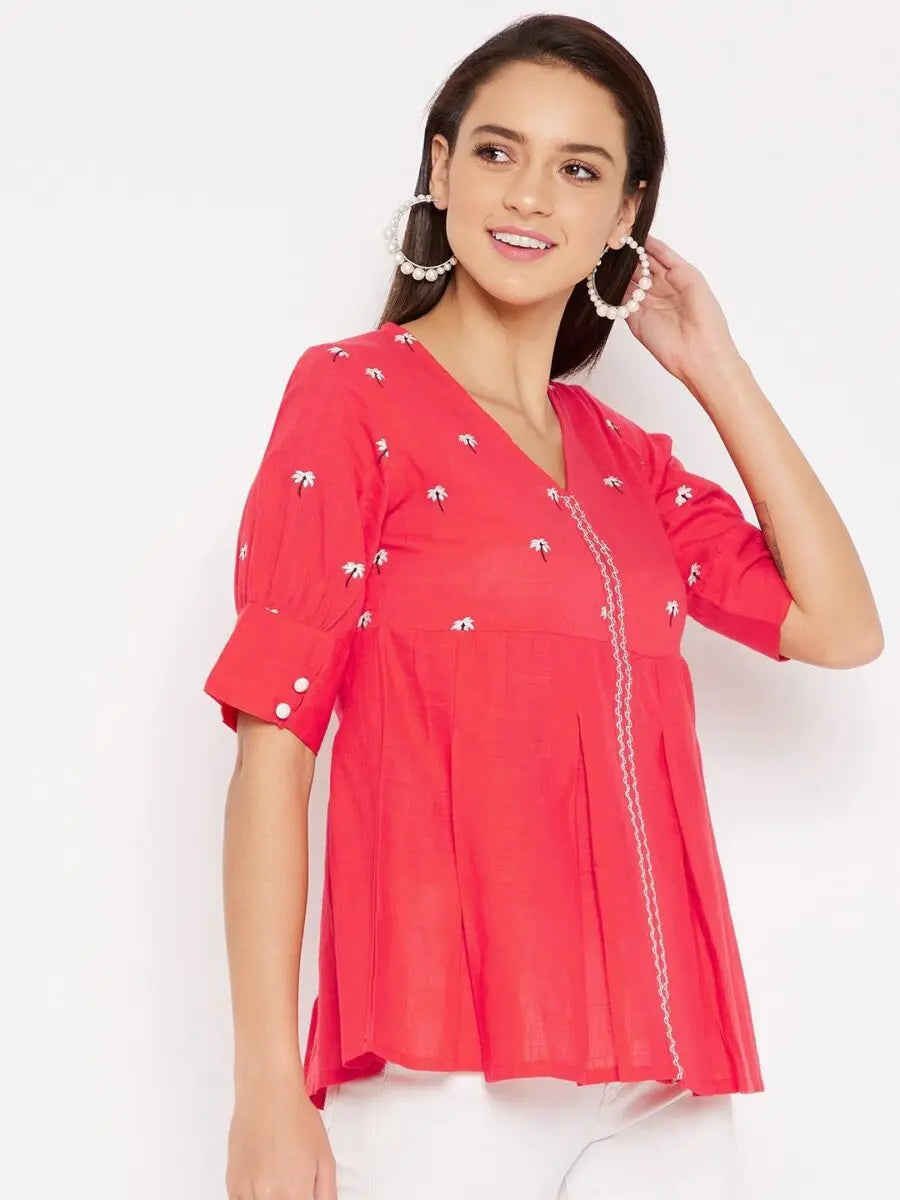 winered-red-a-line-cotton-embroidered-top