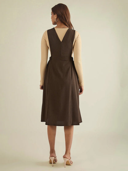 winered-women-brown-solid-pinafore-dress-with-button