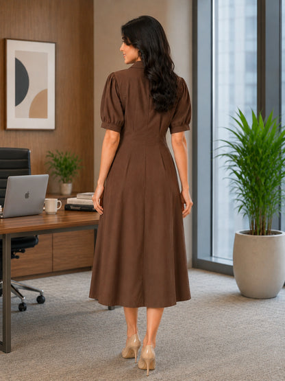 WineRed Women's Brown Self Design Shirt Collar Puff Sleeve Fit & Flare Midi Dress