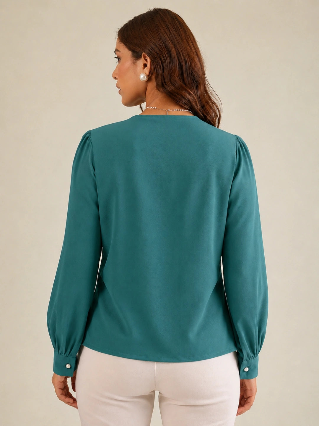 Women Teal Embroidered Collar Shirt