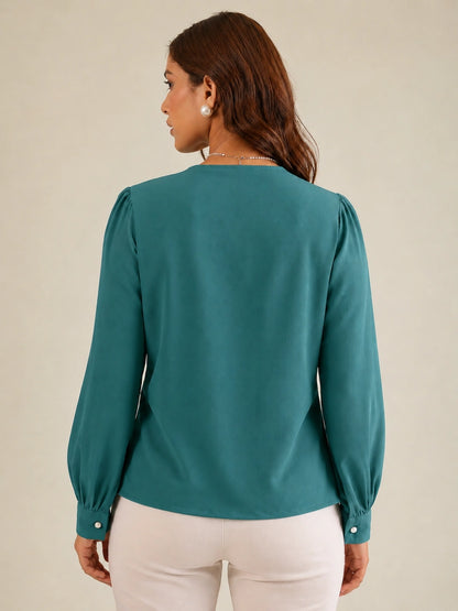 Women Teal Embroidered Collar Shirt