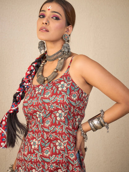 Women Maroon Floral Print Backless Kurta