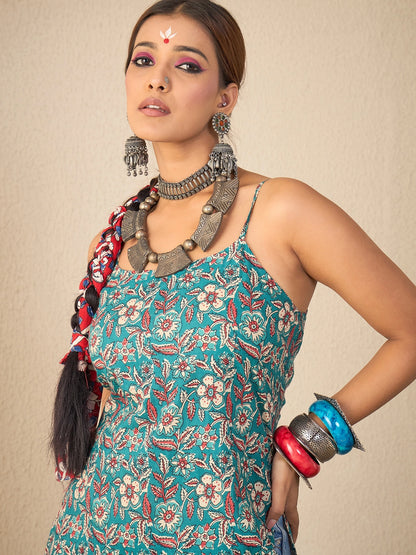 Women Teal Floral Print Backless Kurta