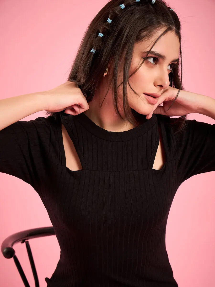 black-knitted-shoulder-cutout-ribbed-midi-bodycon-dress