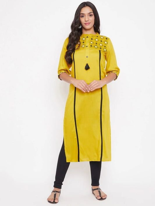 winered-yellow-straight-rayon-embroidered-kurta