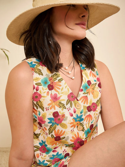 women-floral-print-waistcoat-with-shorts-co-ord-set