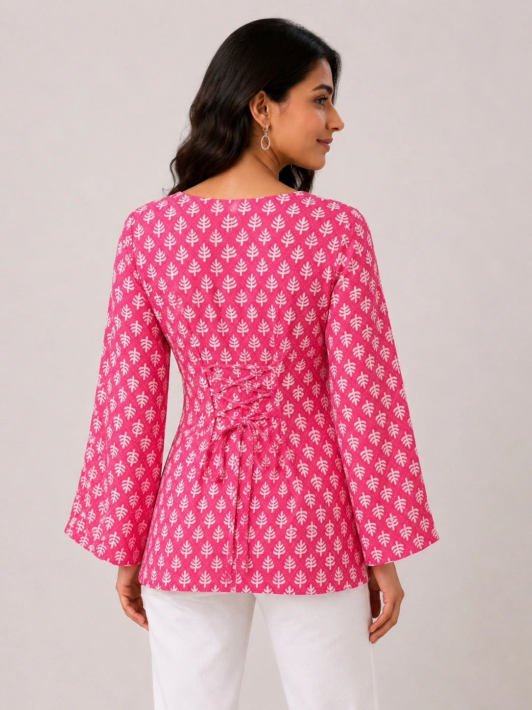 Women's Pink Printed Corset Style Kurti with Square Neck, Full Bell Sleeves and Adjustable Back Tie-Up for Casual Wear