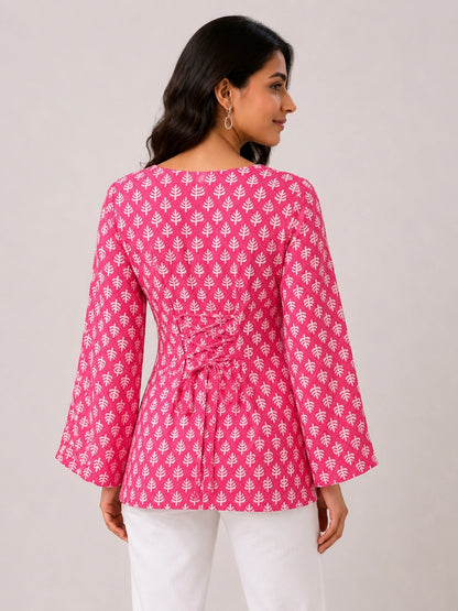 Women's Pink Printed Corset Style Kurti with Square Neck, Full Bell Sleeves and Adjustable Back Tie-Up for Casual Wear