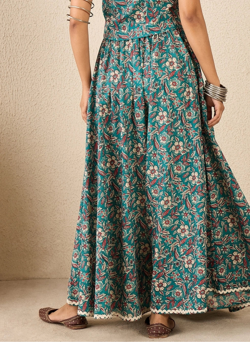 Women Teal Ethnic Printed Cotton Maxi Skirt
